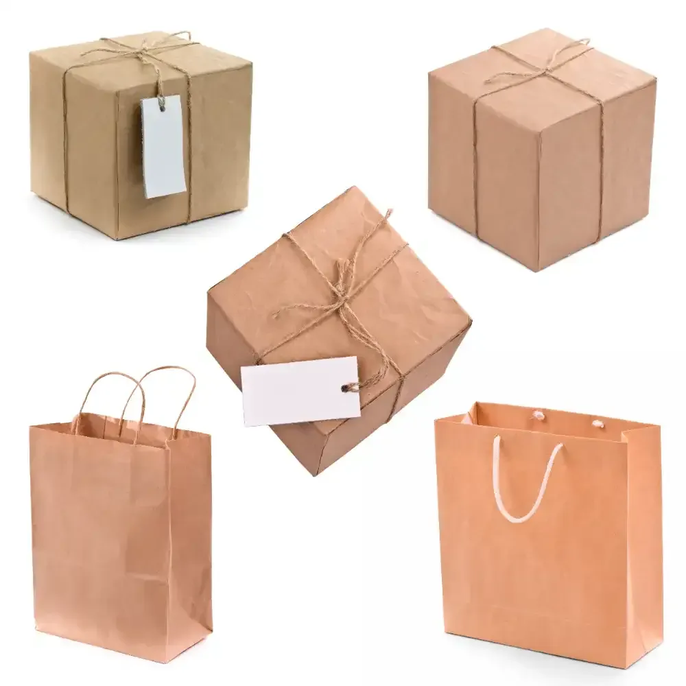 A collection of brown boxes and bags on a white background