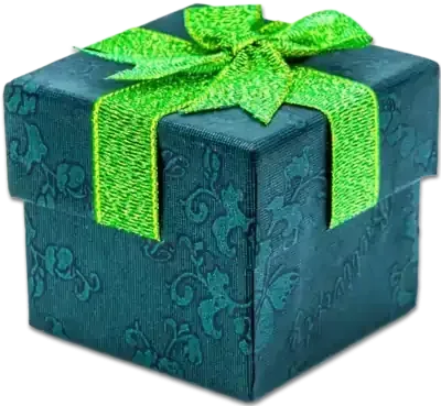 A blue gift box with a green bow