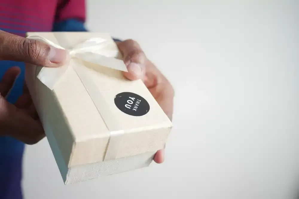 A person is holding a white box with a bow on it.