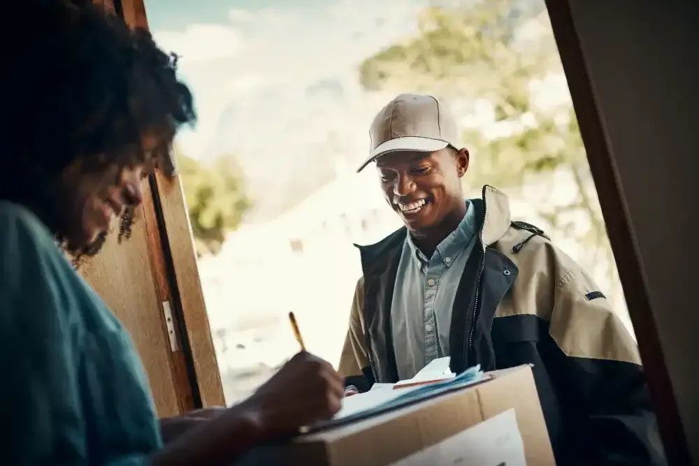 A delivery man is smiling while a woman writes on a clipboard.