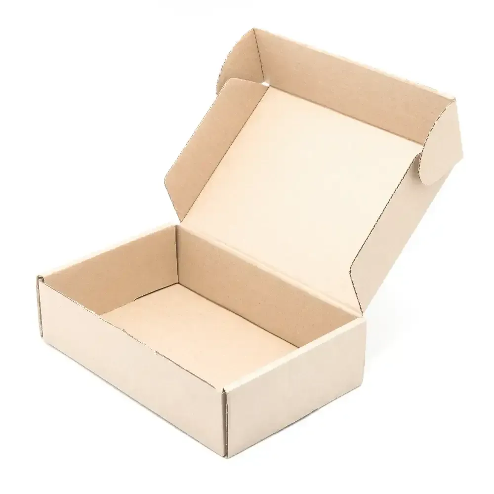 An empty cardboard box with the lid open on a white background.