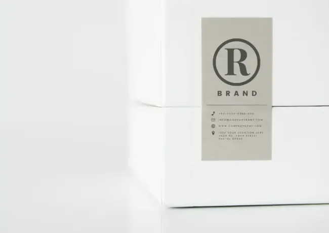 A white box with a label that says brand on it