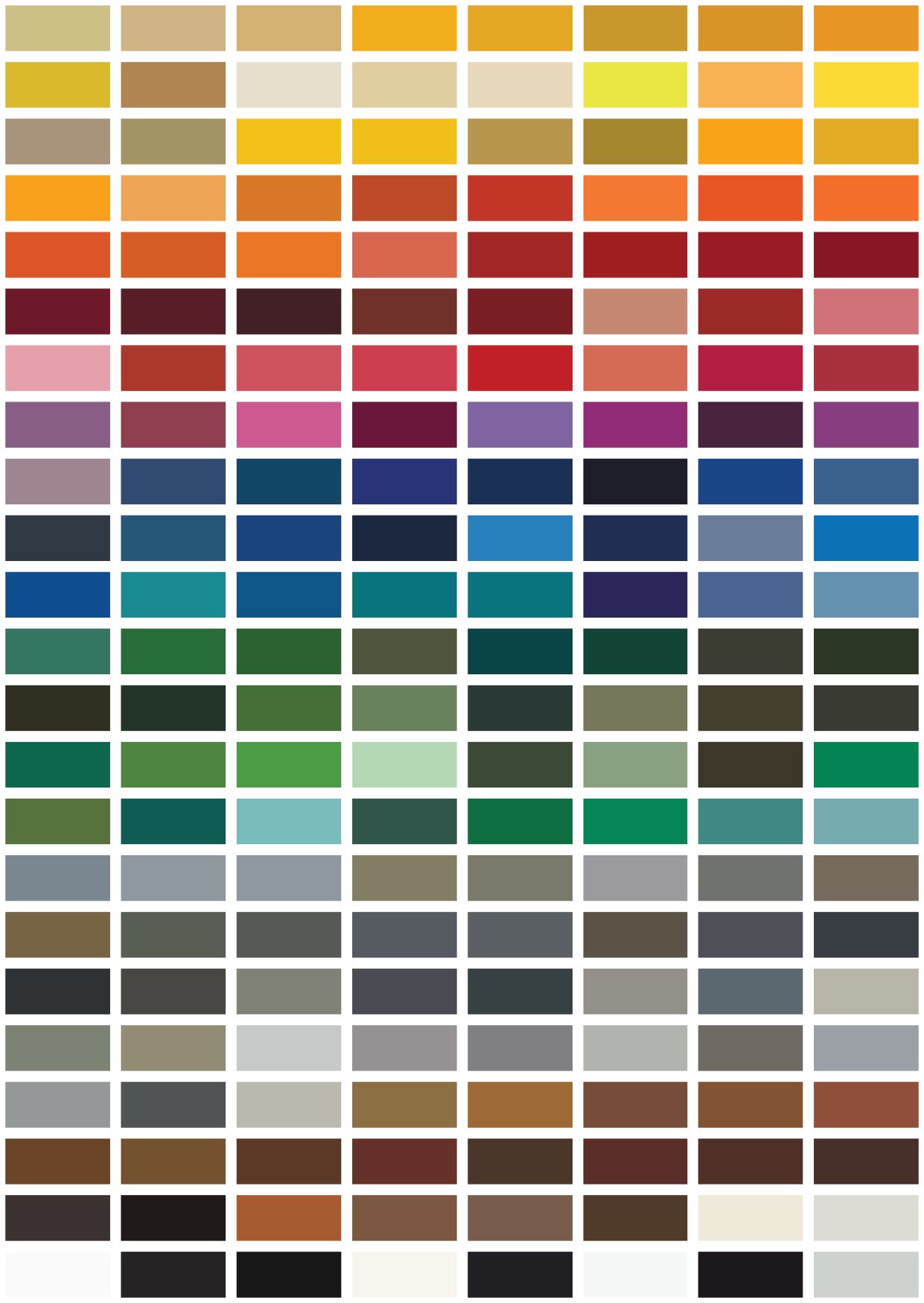 Raster aus farbigen rechteckigen Farbfeldern, angeordnet in Reihen von Gelb und Orange bis Blau, Grün, Grau und Braun.