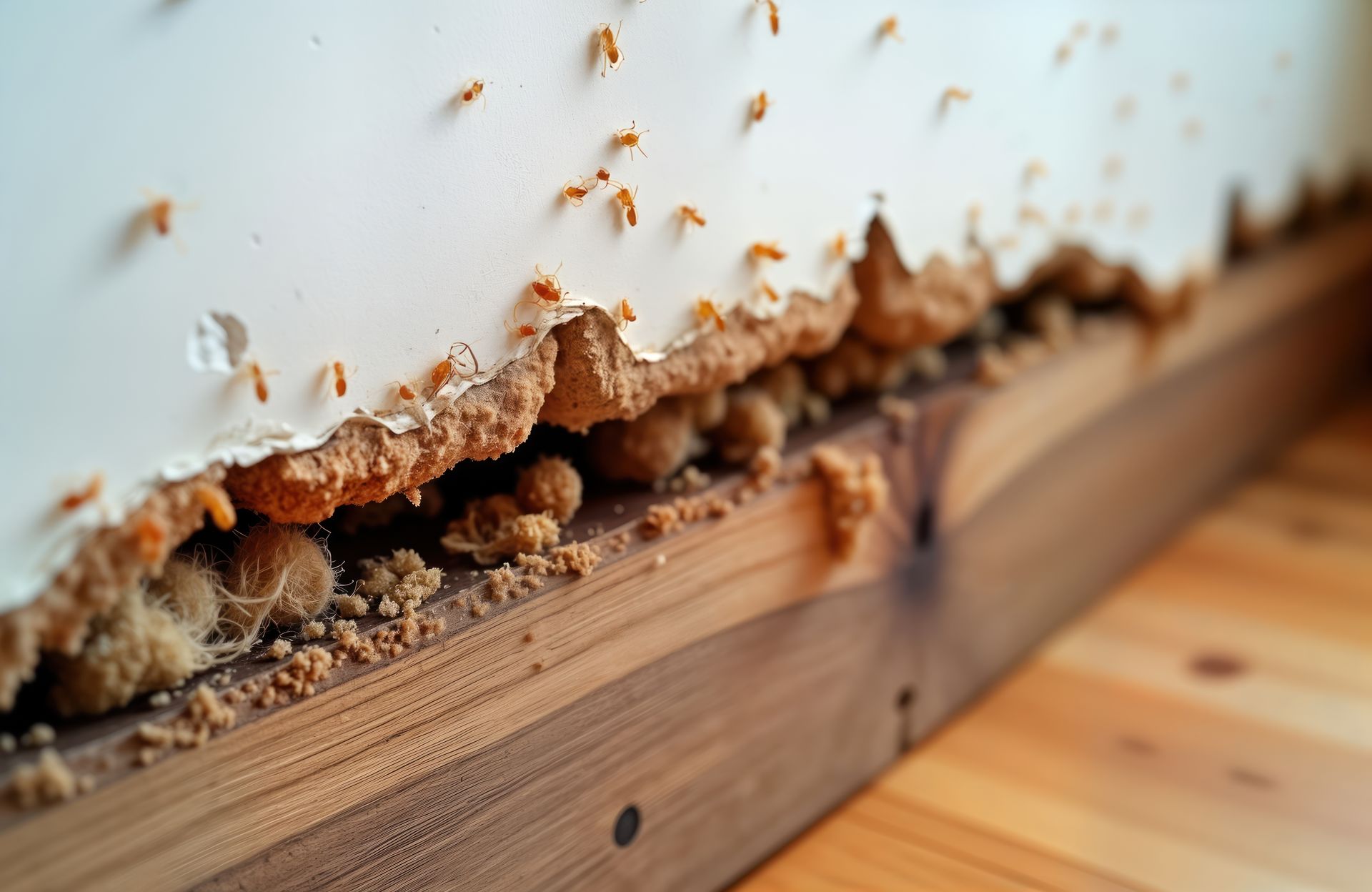 Dégâts causés par les termites sur un mur, révélant du bois et des insectes.