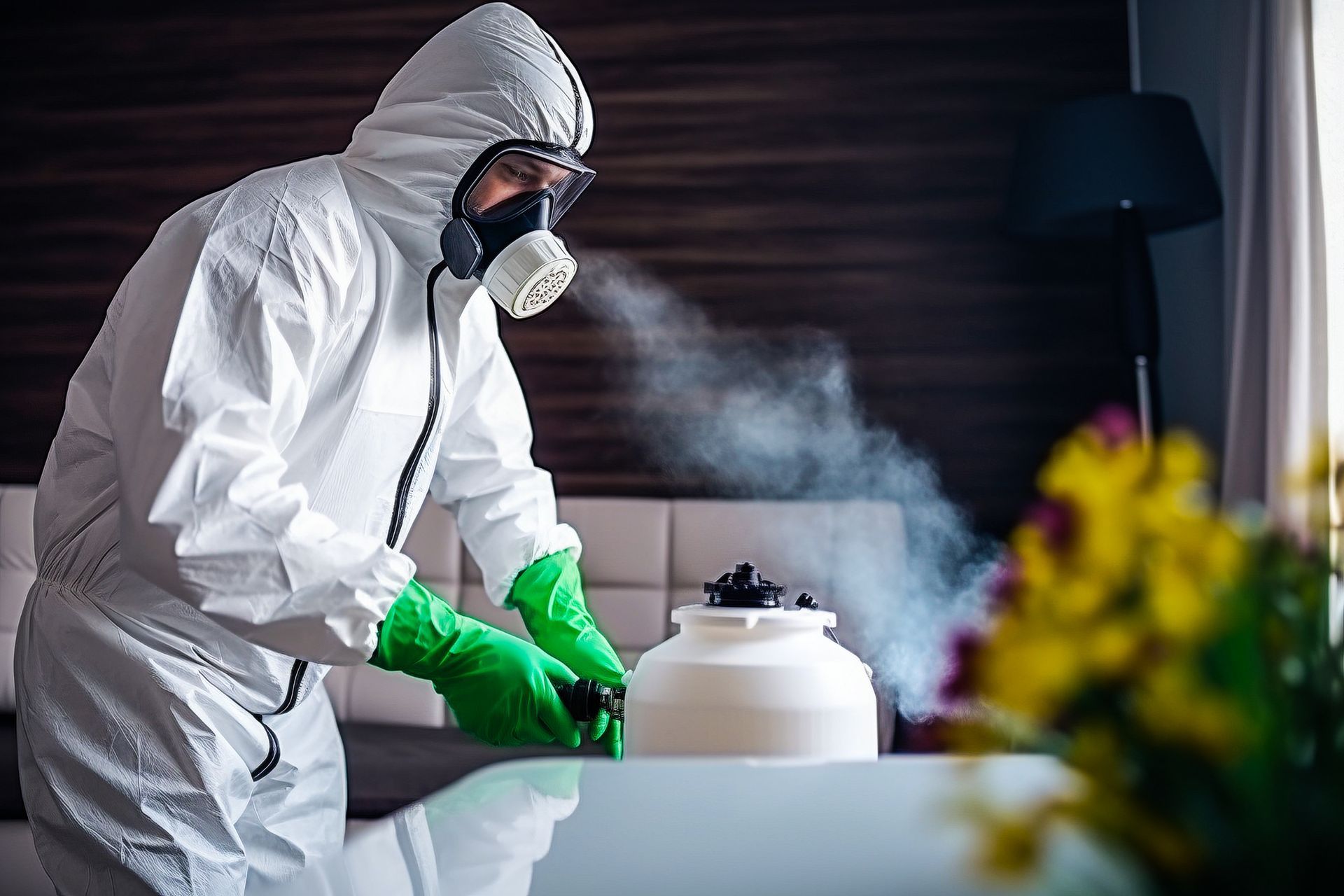 Désinsectiseur en tenue au-dessus d'un évier