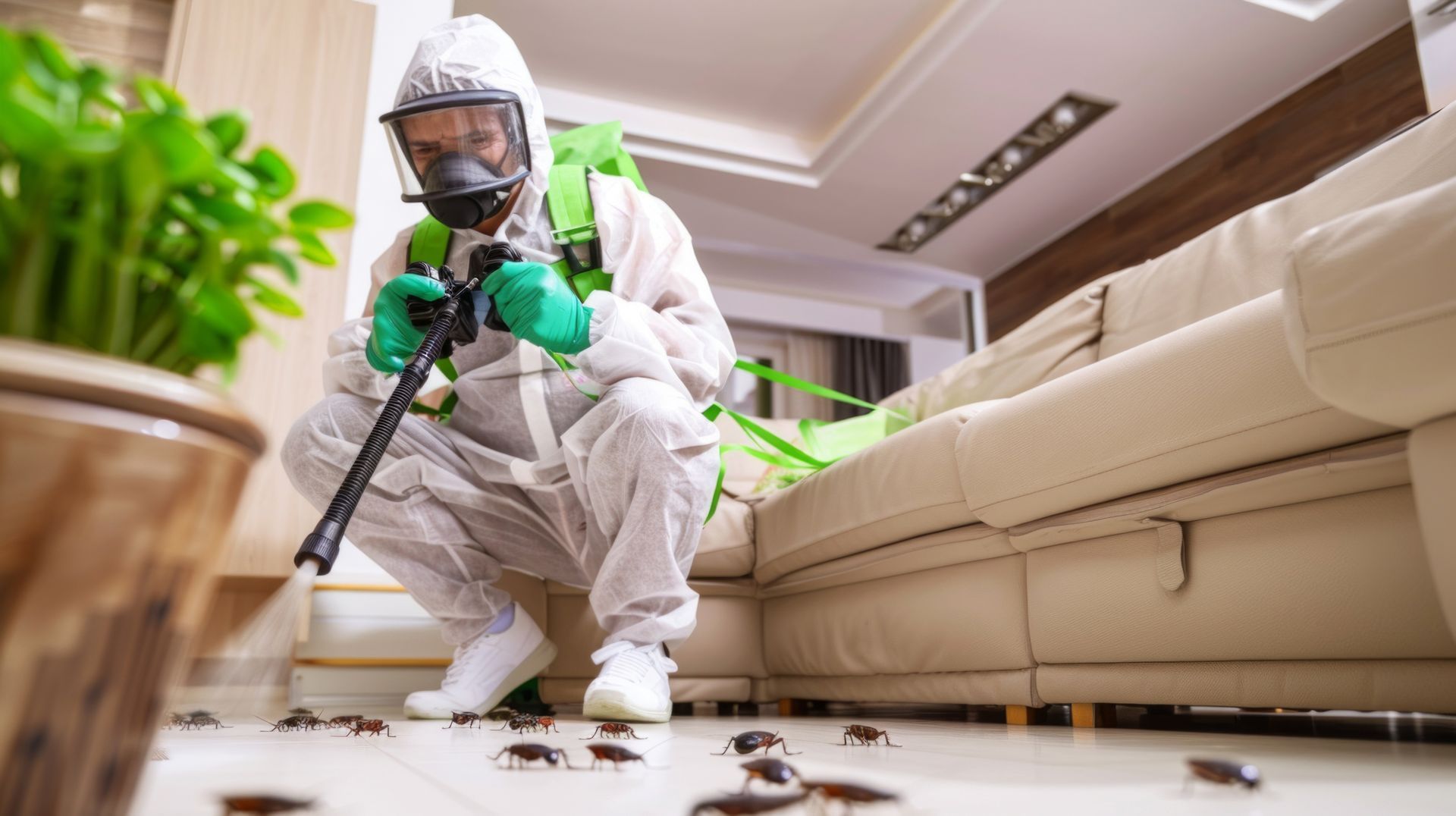 Désinsectiseur en tenue à côté d'un canapé et d'une plante verte