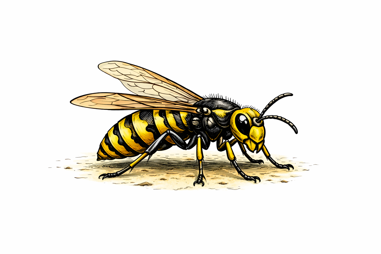 Guêpe à rayures noires et jaunes, sur une surface texturée, ailes déployées.