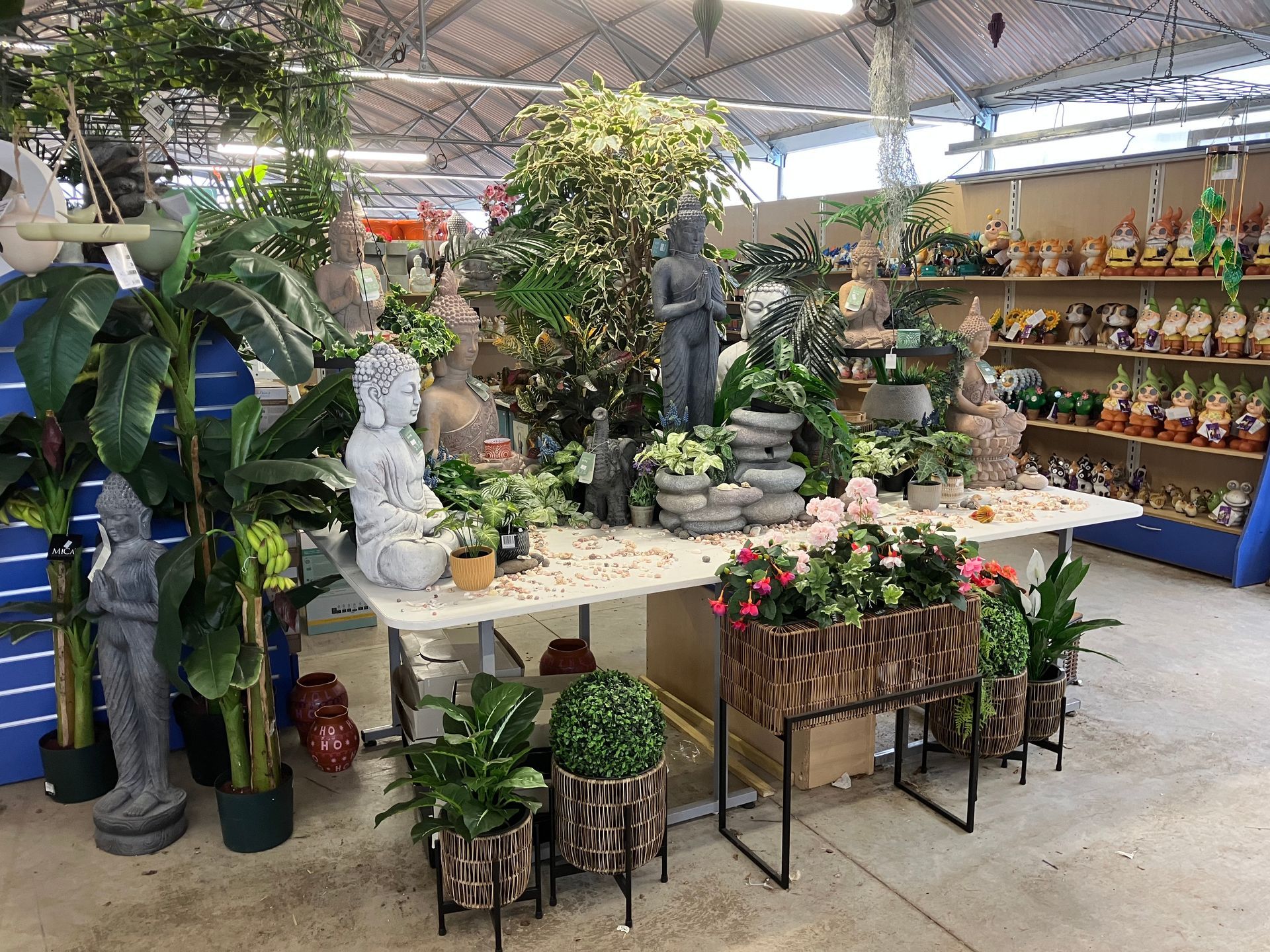 L'intérieur d'une jardinerie présentant des plantes en pot, des statues décoratives de Bouddha et des étagères remplies de petits objets décoratifs.