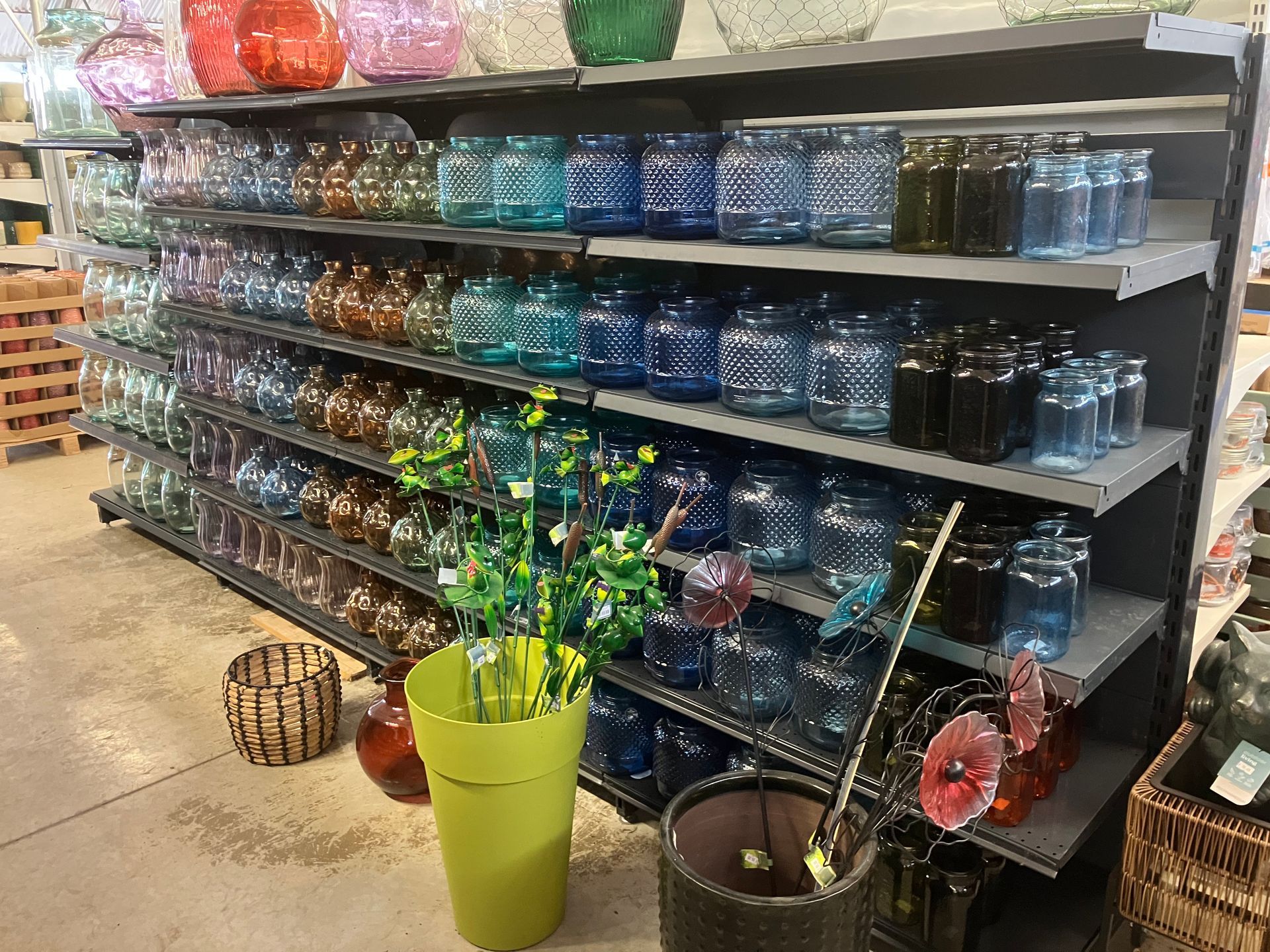 Une étagère de vente au détail remplie de rangées de vases en verre multicolores, avec des plantes en pot posées au sol devant.
