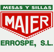Logotipo para Mesas y Sillas Maier Errospe, S.L., en verde y rojo, con un diseño en forma de escudo con «MAIER»