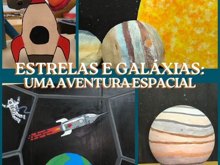 Ilustração espacial com foguete, planeta, estrelas e o texto “Estrelas e Galáxias: Uma Aventura Espacial”