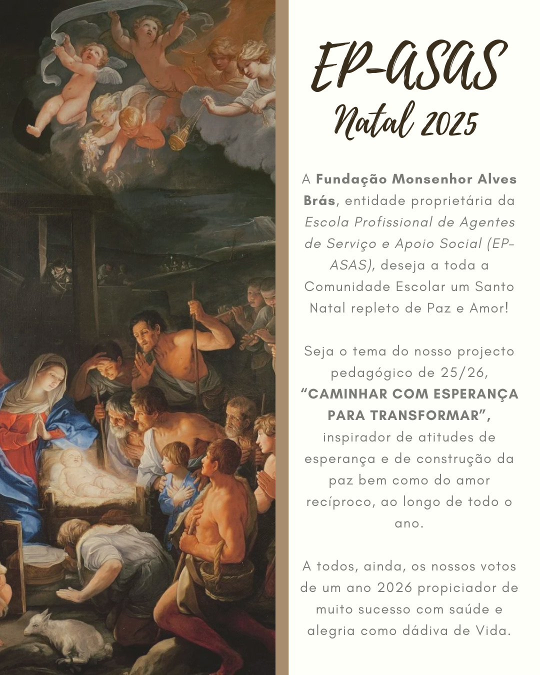 Cartaz com pintura clássica e texto em português para o programa do evento “EP-ASAS Natal 2025”.