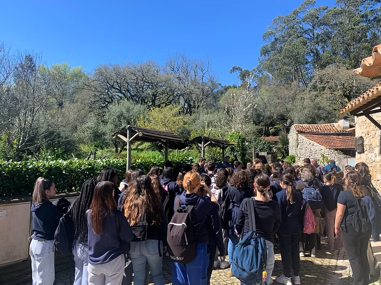 Uma multidão de pessoas se reuniu ao ar livre em uma trilha ensolarada perto de árvores e de um prédio rústico.