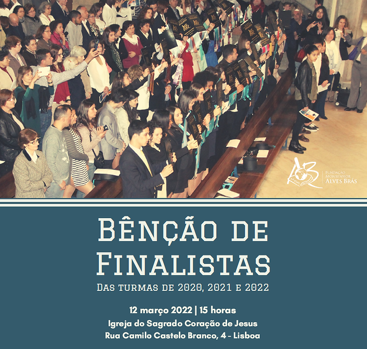 Cartaz da bênção de finalistas, com foto de turma em auditório e texto sobre a data e local.