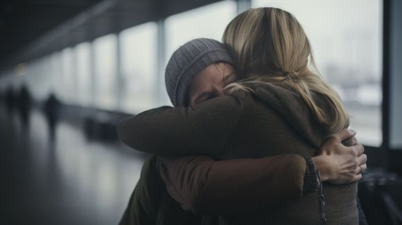 Dos personas se abrazan en la terminal del aeropuerto. Una lleva gorro de lana, la otra un suéter; un abrazo emotivo.