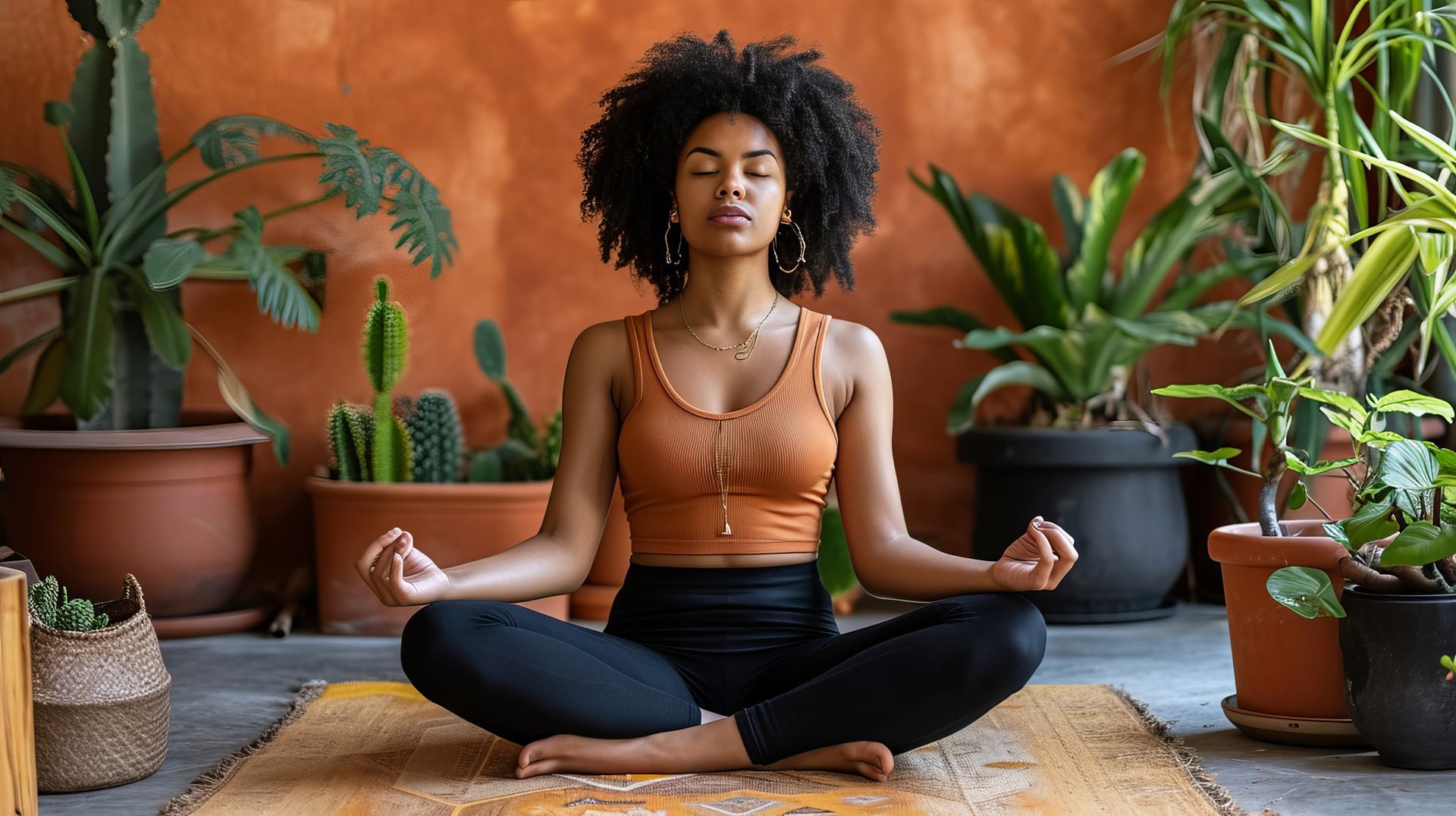 Mujer meditando con los ojos cerrados, sentada sobre una estera rodeada de plantas en macetas.