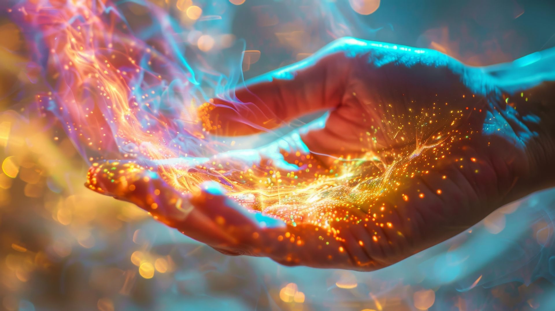 Las manos ahuecadas irradian energía naranja y azul.