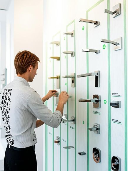 Un uomo sta guardando un muro di maniglie delle porte