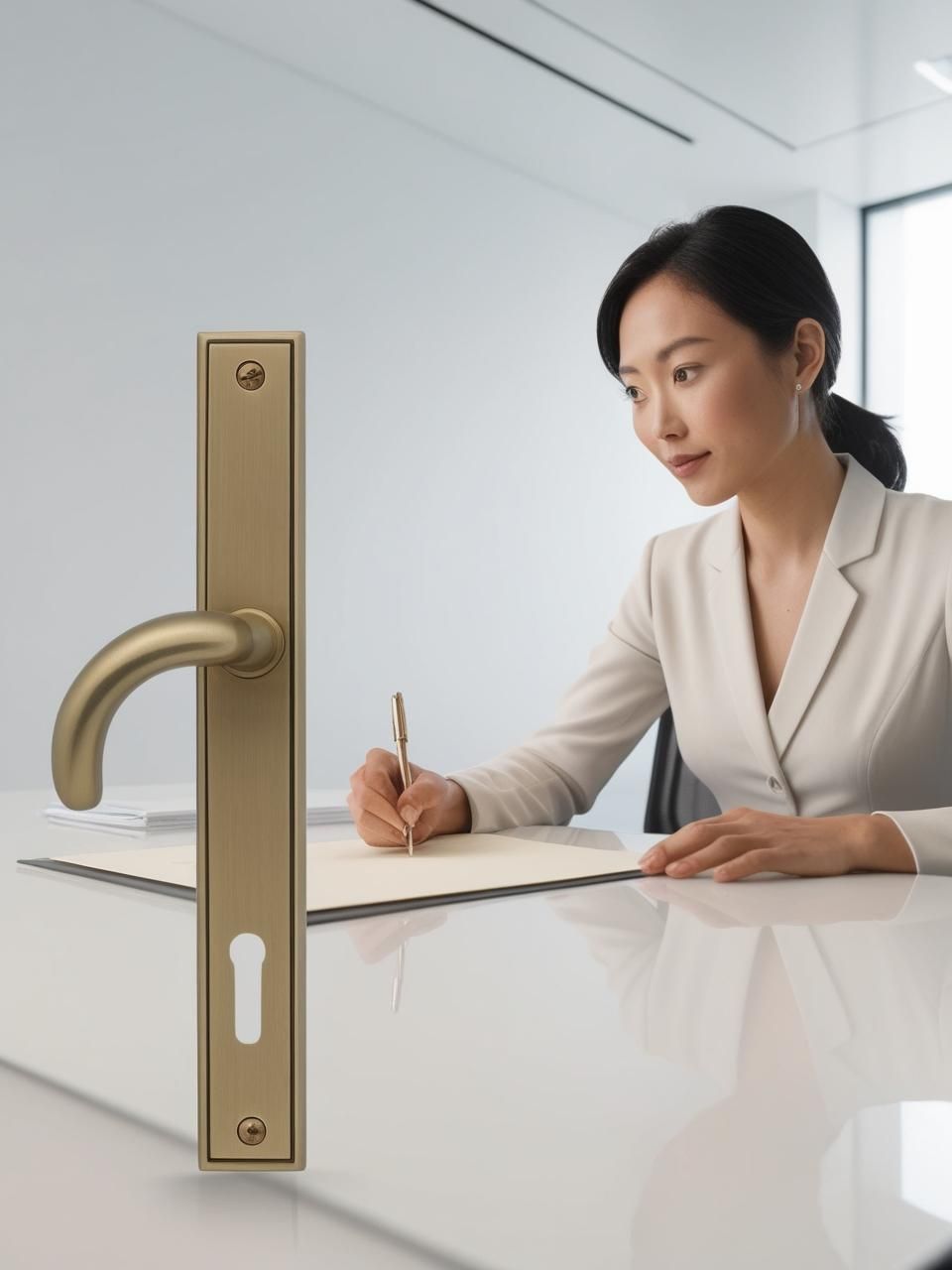 Una donna sta scrivendo su un pezzo di carta accanto alla maniglia di una porta.