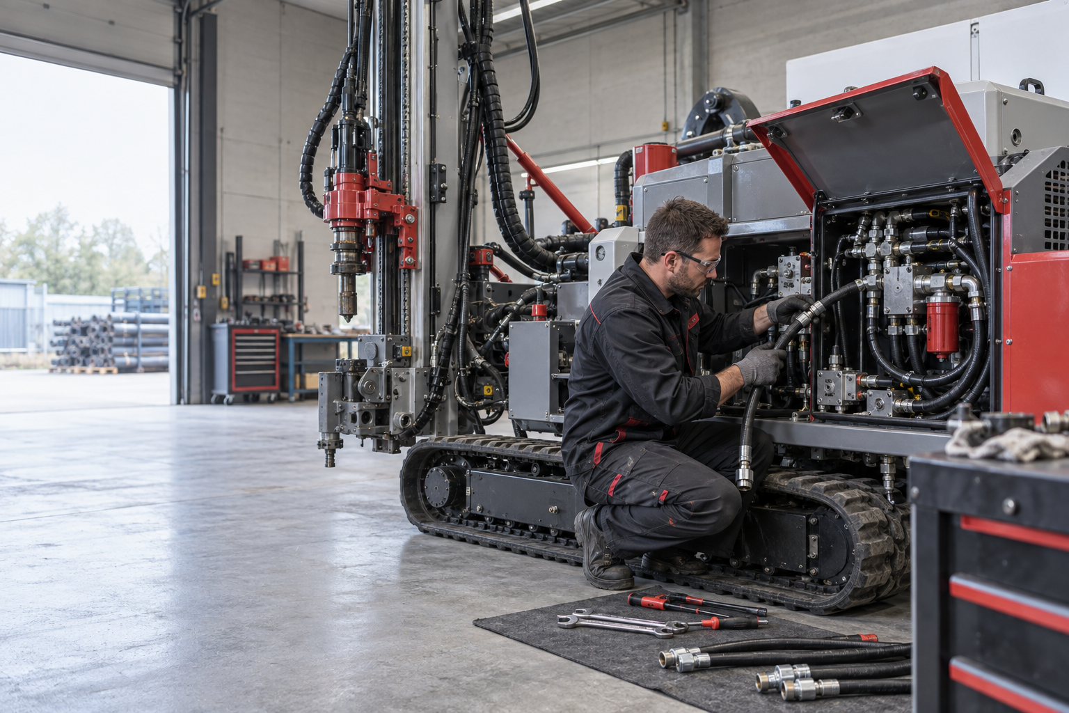 Technicien réparant le circuit hydraulique d’une petite foreuse sur chenilles
