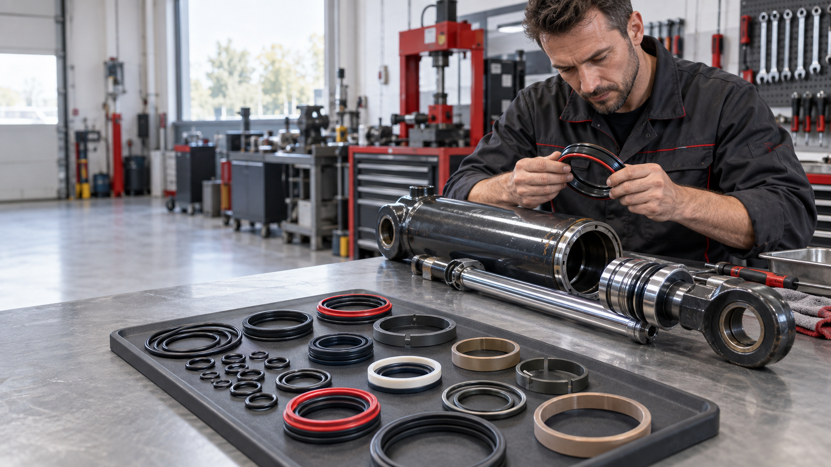 Technicien réparant un vérin hydraulique avec un kit de joints au premier plan