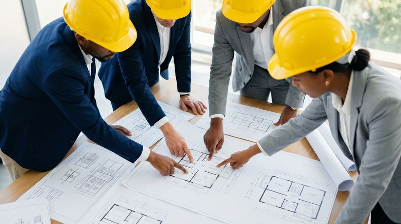 Des ingénieurs portant des casques de chantier examinent des plans sur un chantier de construction.
