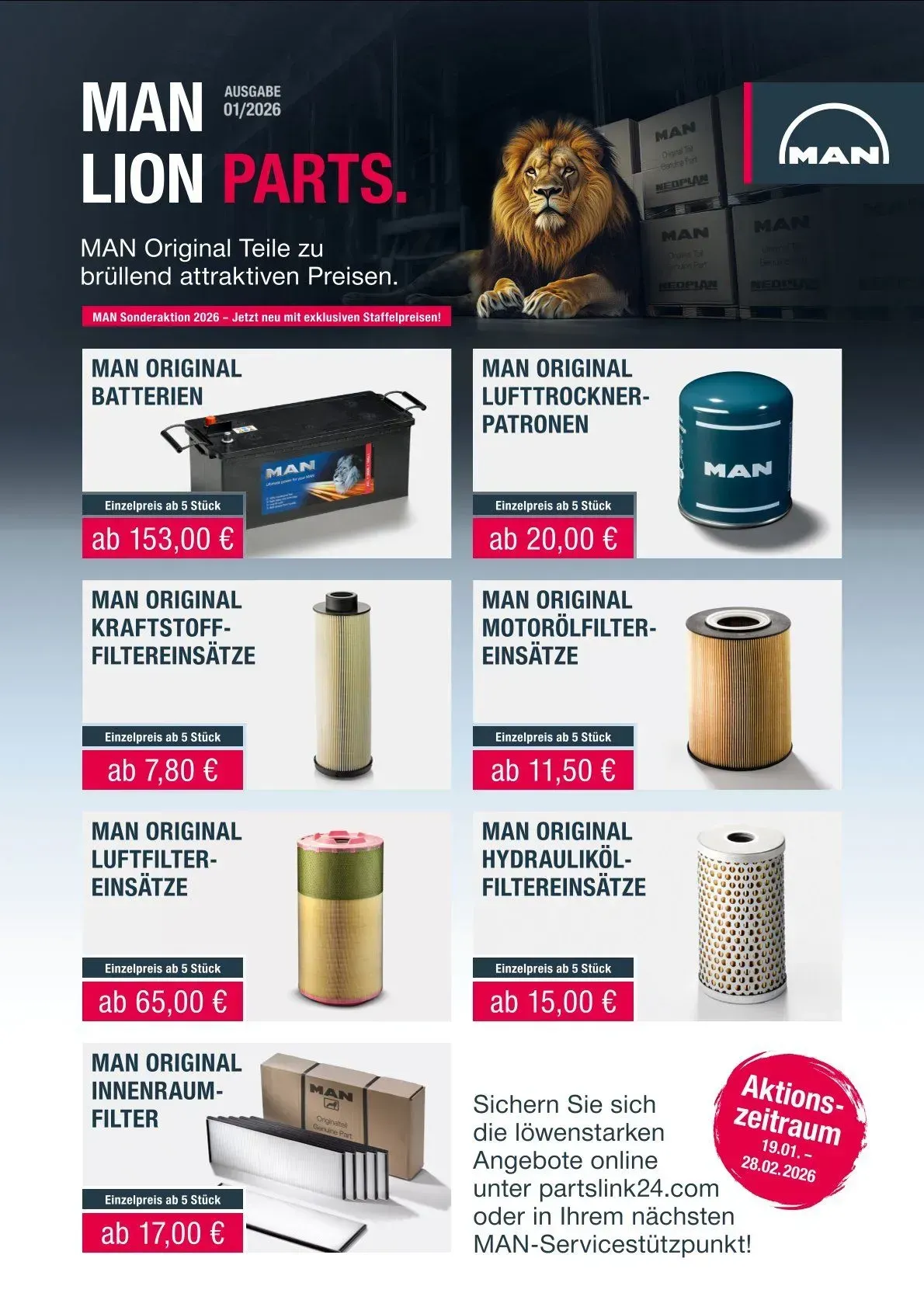 MAN Lion Parts Werbeplakat mit verschiedenen Filtern, Batterien und Ölfiltern inklusive Preisangaben