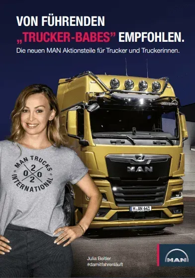 Frau in grauem T-Shirt steht neben einem gelben MAN-LKW, darüber befindet sich ein deutscher Werbetext.