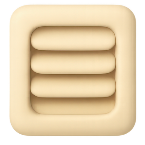 Beige, carré arrondi avec trois ouvertures ovales horizontales ; ressemble à une grille d'aération.