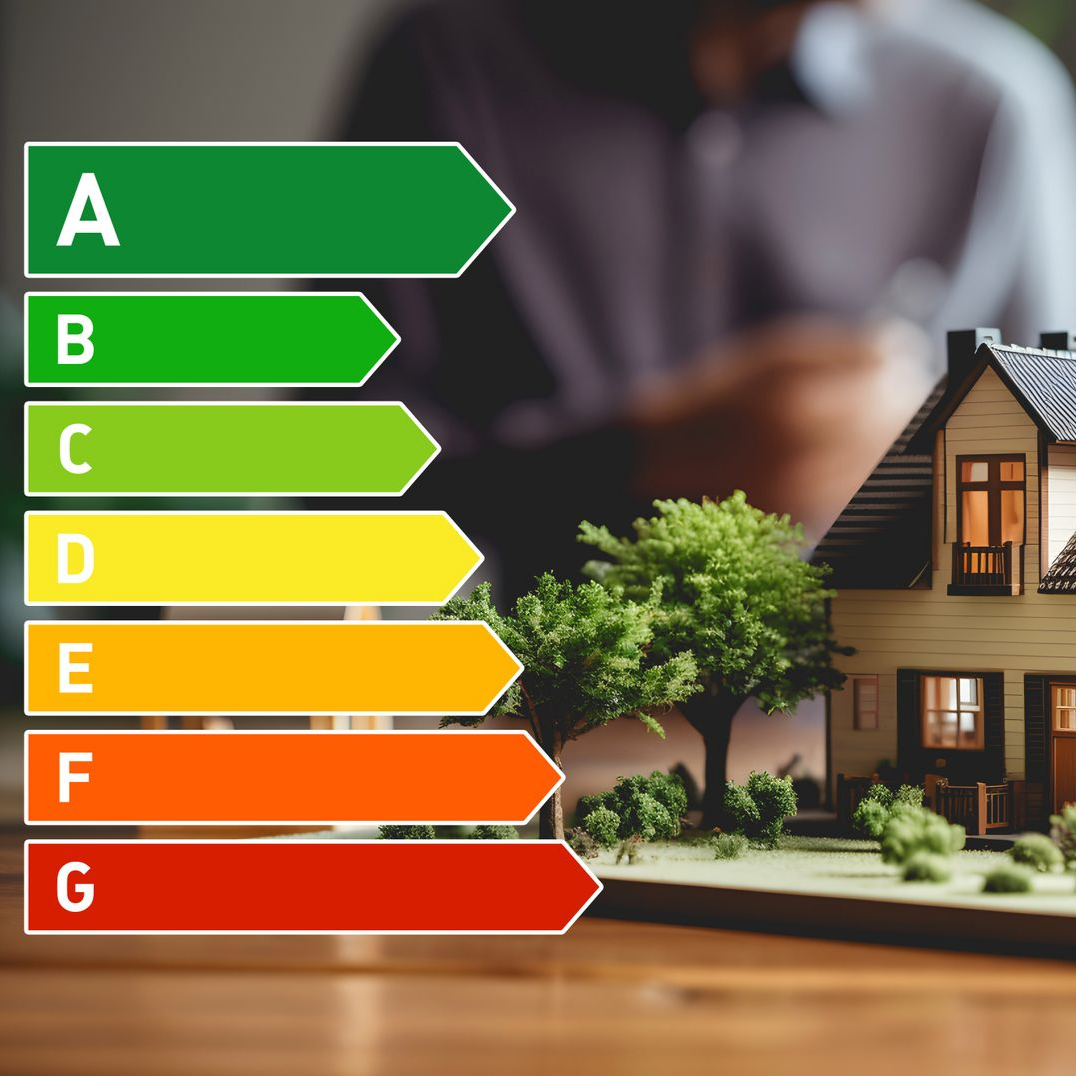 Étiquettes de performance énergétique à côté d'une maison témoin, avec une personne en arrière-plan.