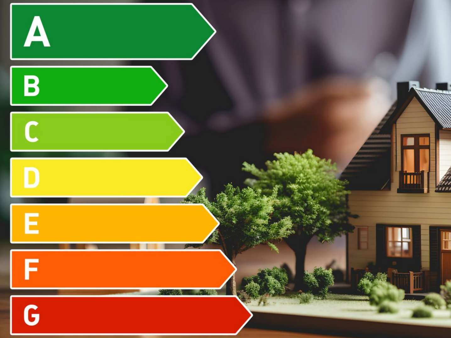 Échelle d'évaluation de l'efficacité énergétique à côté d'une maison miniature, une personne en arrière-plan.
