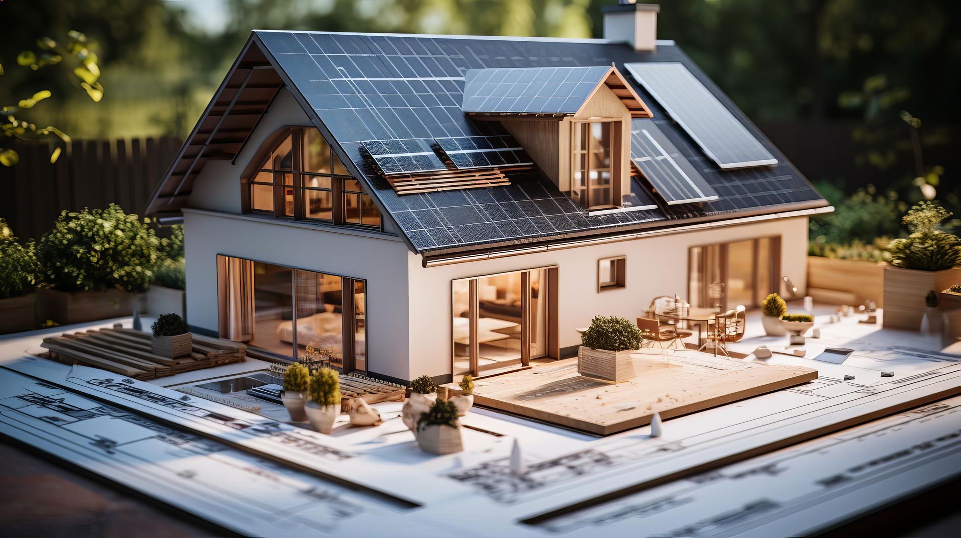 Maison témoin avec panneaux solaires sur le toit, terrasse et plans étalés à l'extérieur.