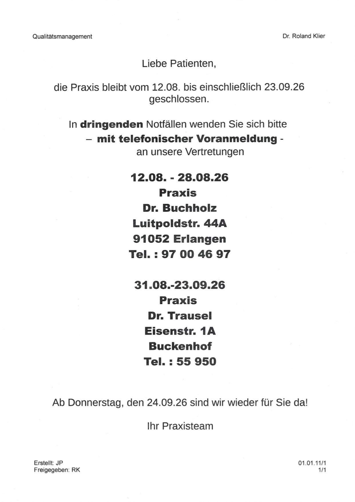 Abwesenheitsmeldung Klier Roland Zahnarzt