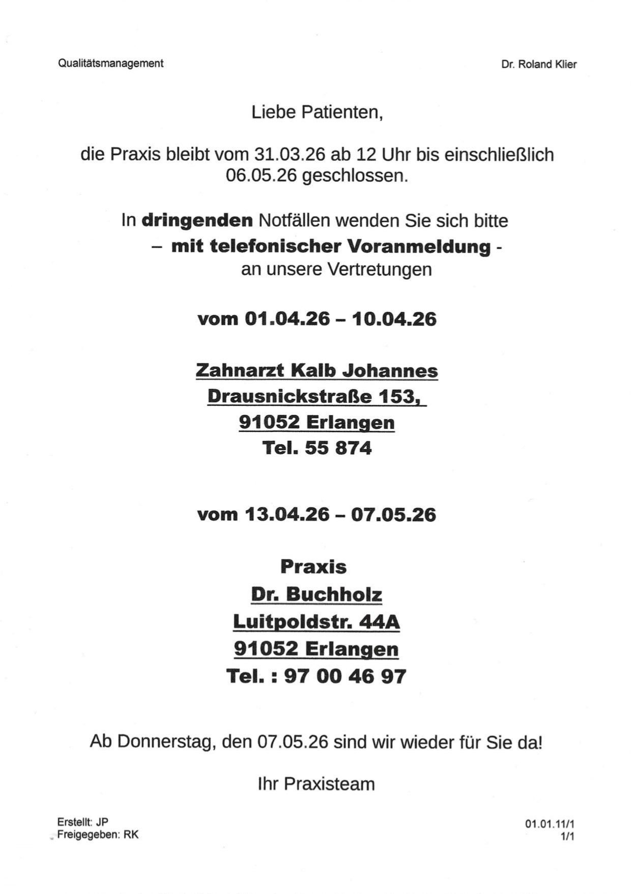 Abwesenheitsmeldung Klier Roland Zahnarzt