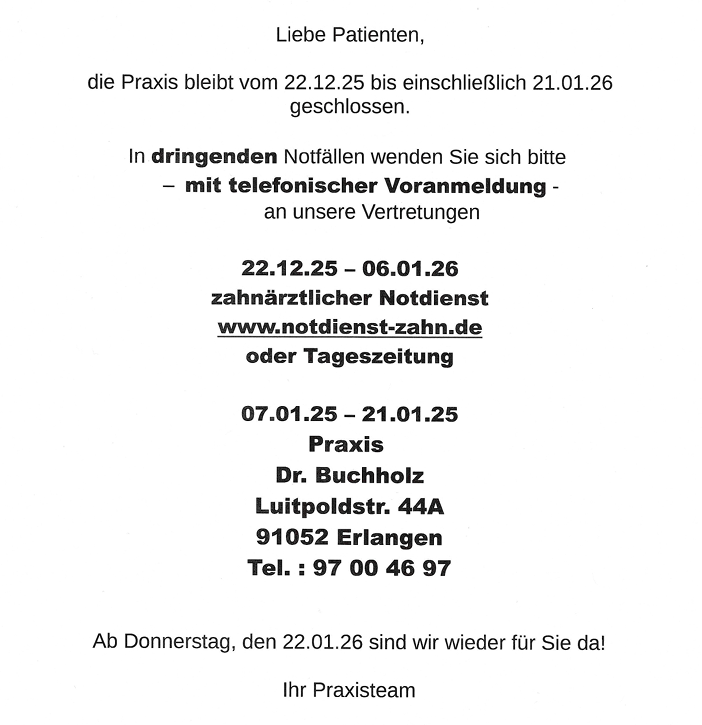 Abwesenheitsmeldung Klier Roland Zahnarzt