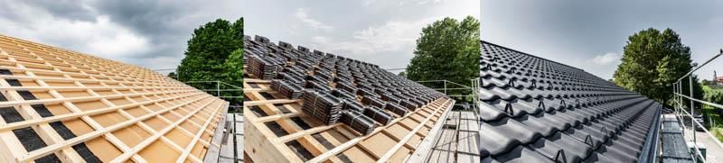 Eine Collage aus drei Bildern eines im Bau befindlichen Daches.