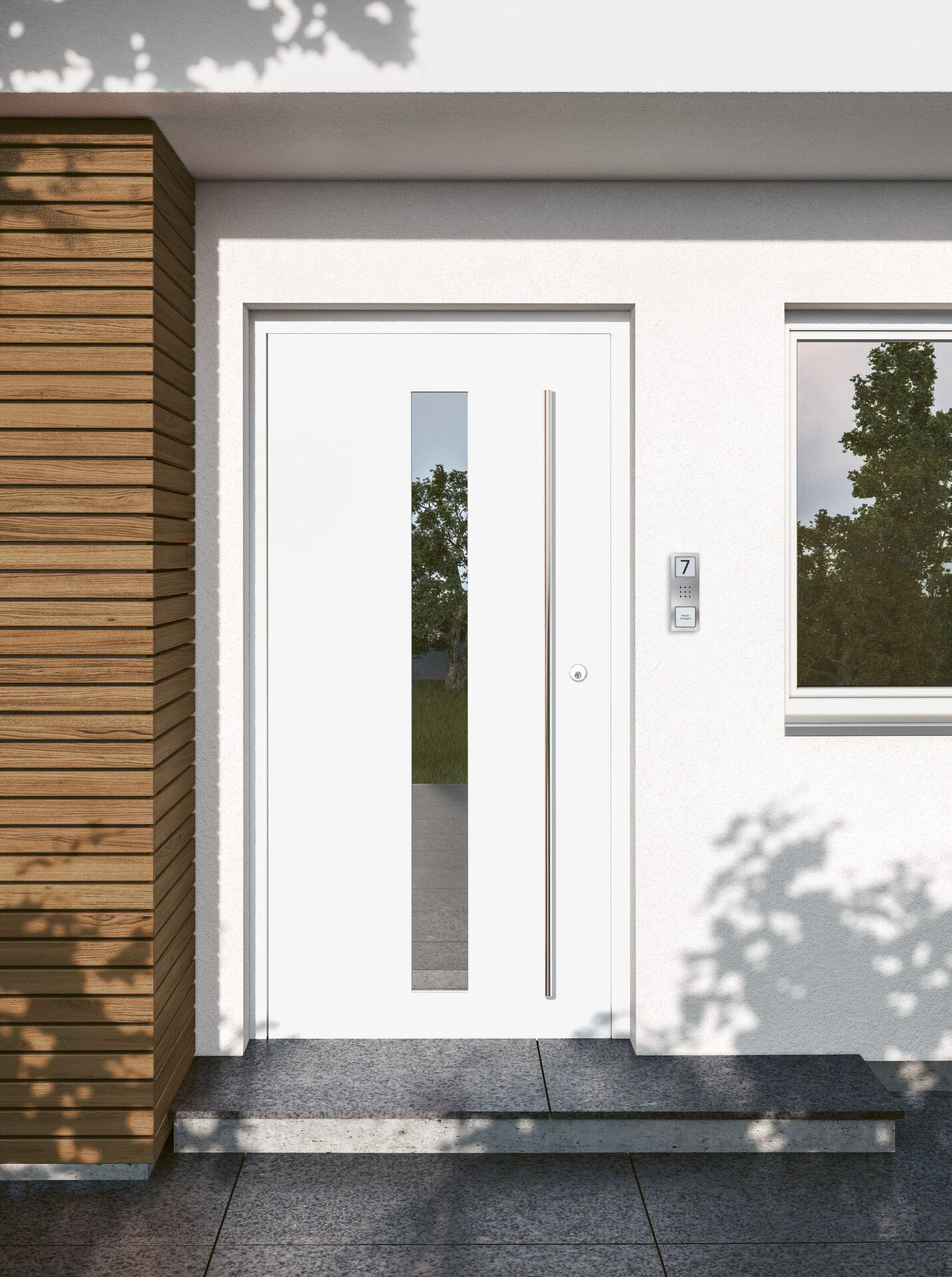 Eine weiße Tür mit einer Türsprechanlage an der Seite