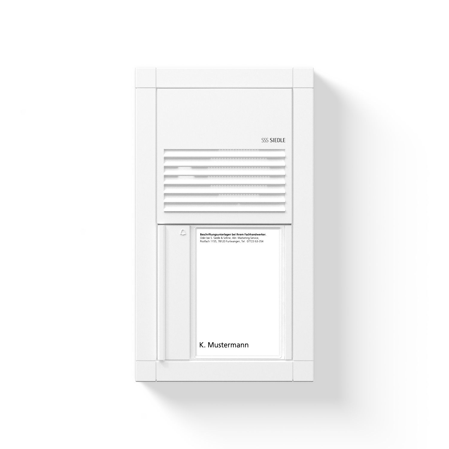 Weiße Gegensprechanlage mit Lautsprecher, Adressschild und Ruftaste.