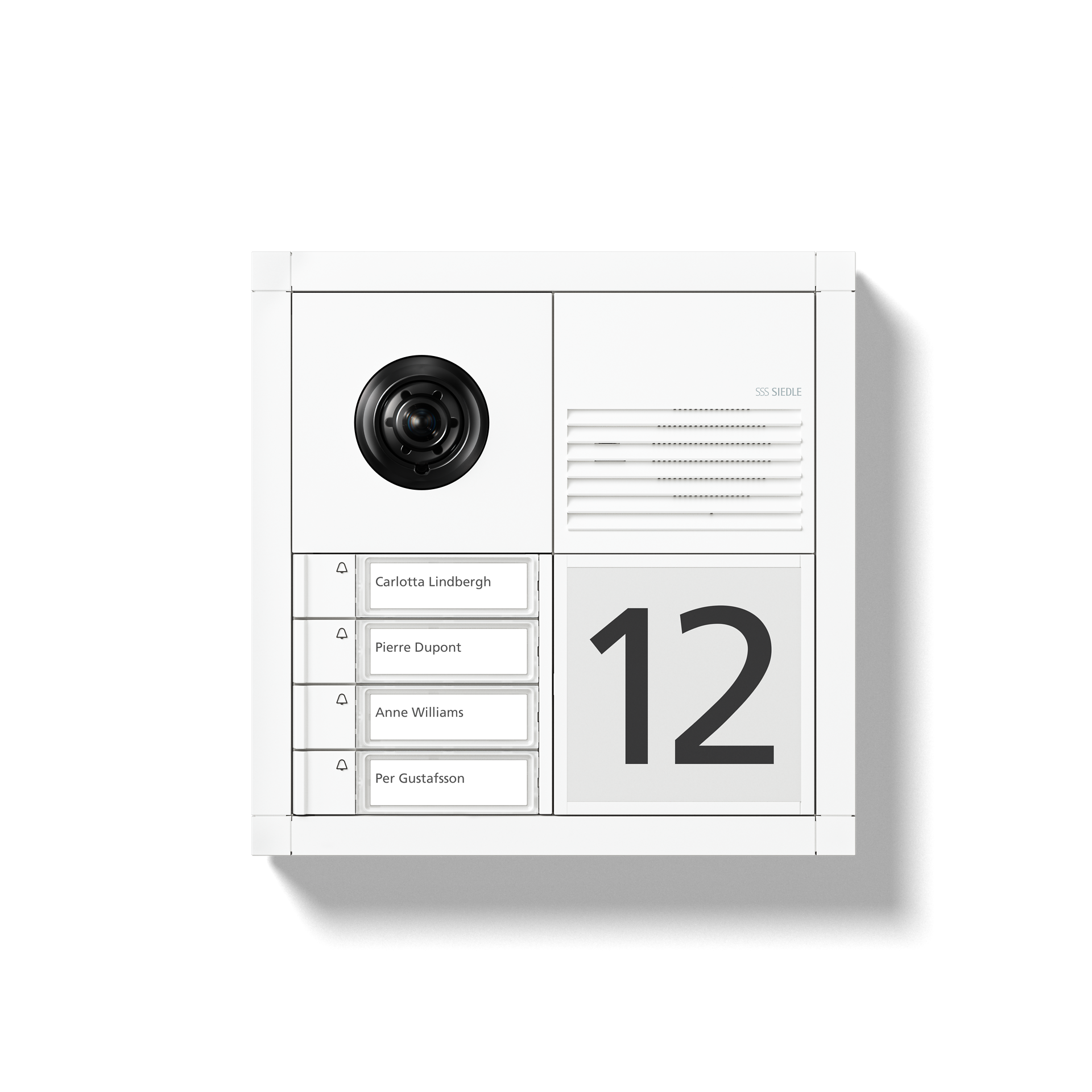 Weiße Gegensprechanlage mit Kamera, Lautsprecher und Adressnummer „12“. Inklusive Namensschilder und Kamera.