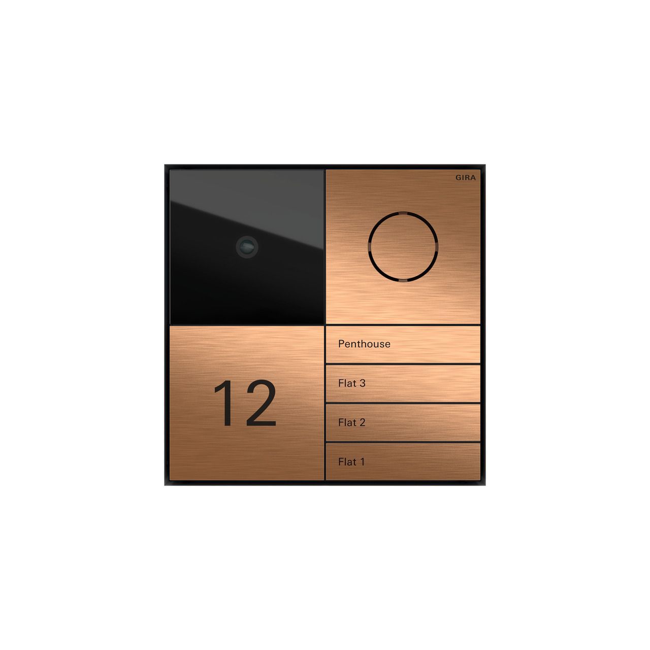 Modernes Türpaneel mit Türklingel, Kamera und Hausnummer 12. Mit Kupferoberfläche und schwarzen Akzenten.