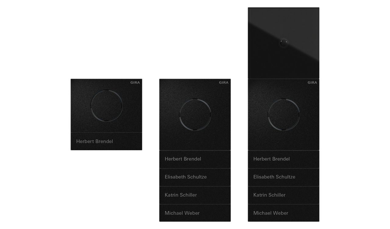 Drei schwarze Touchscreen-Bedienfelder mit runden Bedienelementen und Menüoptionen.