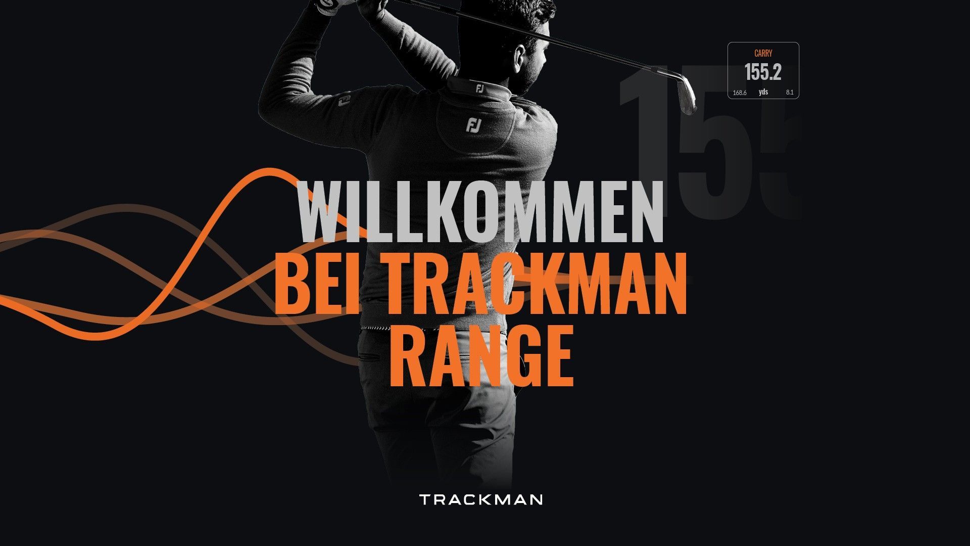 Ein Mann schwingt einen Baseballschläger und über ihm stehen die Worte „Willkommen bei Trackman Range“