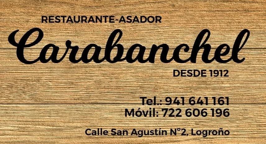 Tarjeta de visita del restaurante con nombre "Carabanchel", números de teléfono, dirección y año de fundación (1912).