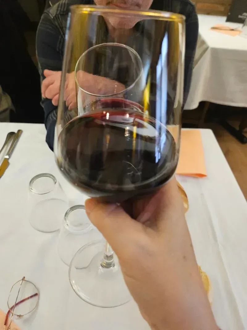 Una mano sostiene una copa de vino tinto, reflejando el entorno. Una persona está sentada a la mesa en un restaurante.