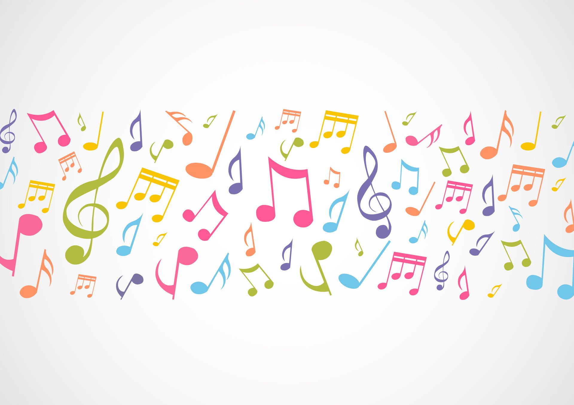 Bunte Noten sind auf weissem Hintergrund verstreut.