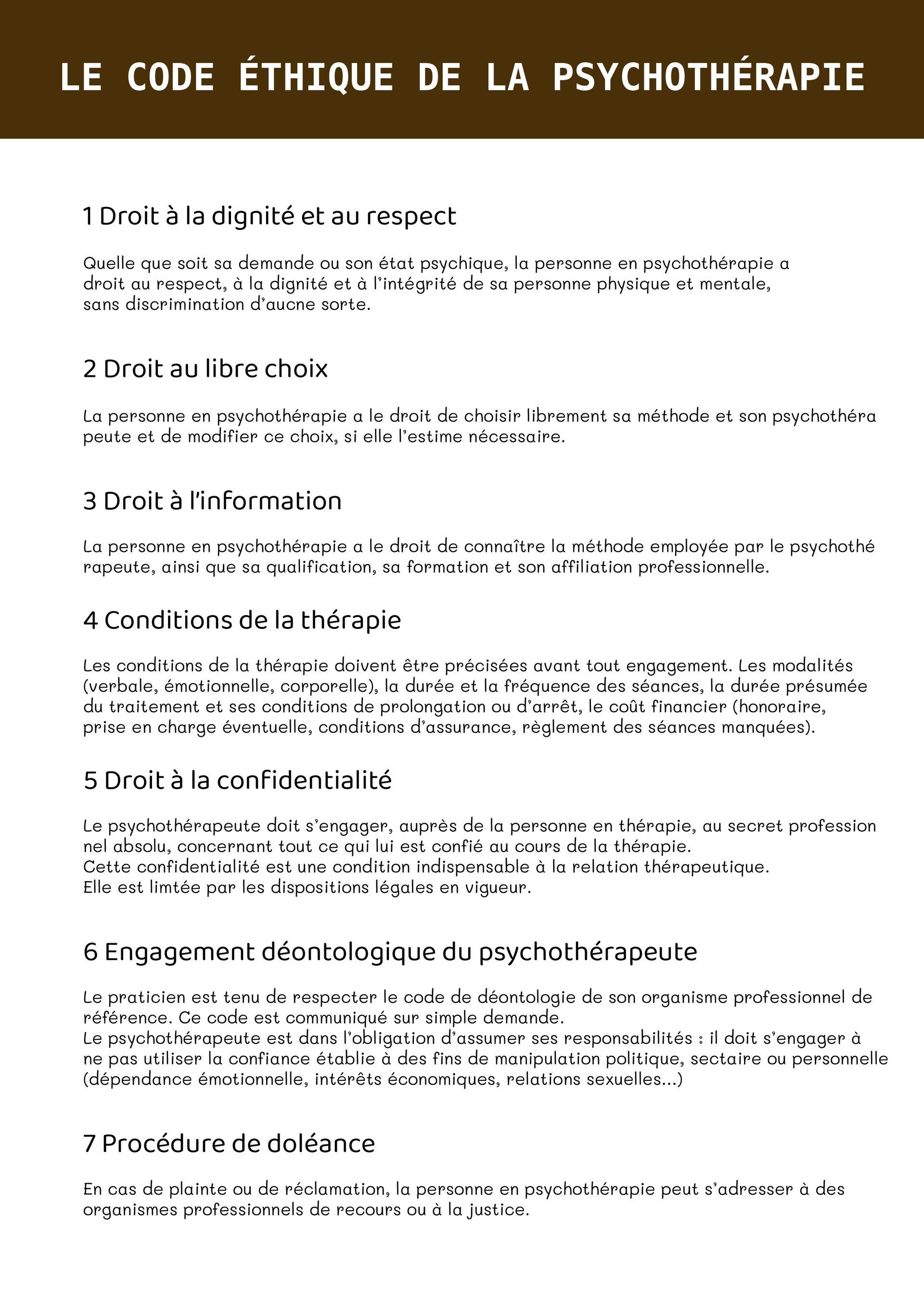 Affiche française intitulée Le code éthique de la psychothérapie, avec un titre marron et des sections de texte numérotées sur fond blanc.