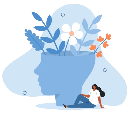 Illustration d'une tête humaine d'où poussent des fleurs, à côté d'une femme assise, sur fond bleu clair.