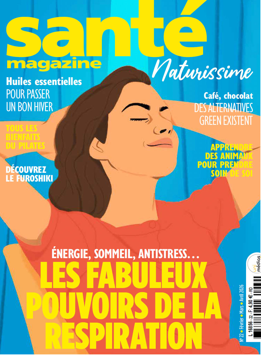 Couverture de magazine montrant une femme qui respire et un texte sur le pouvoir de la respiration.