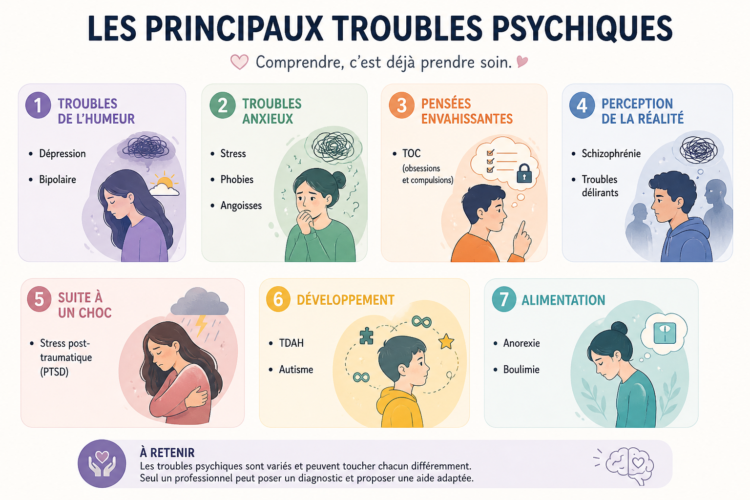 Infographie en français sur les principaux troubles psychiques, avec 7 icônes colorées et brèves descriptions.