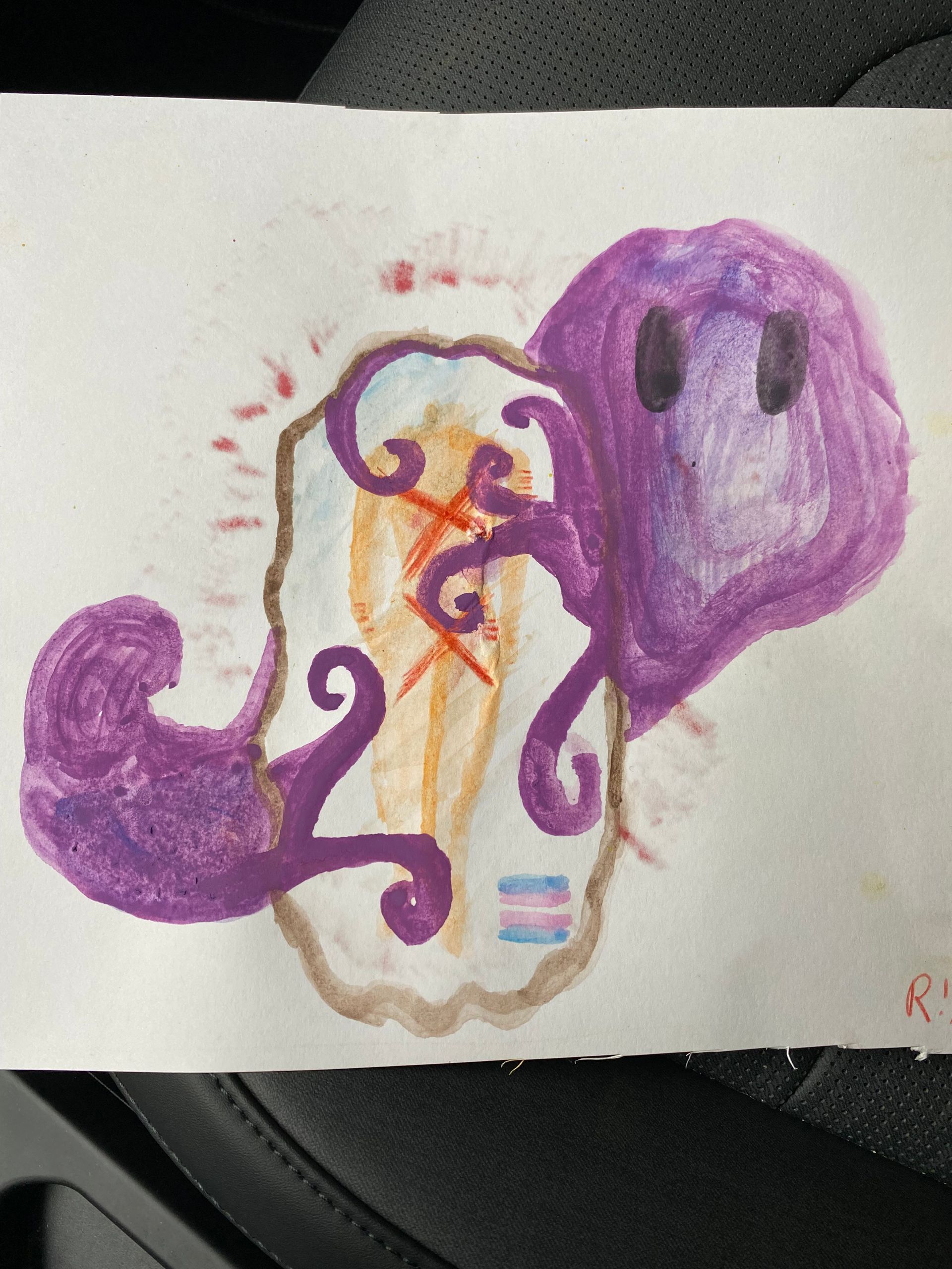 Dessin de calamar violet de style cartoon avec des tentacules tourbillonnants et un visage sur papier blanc